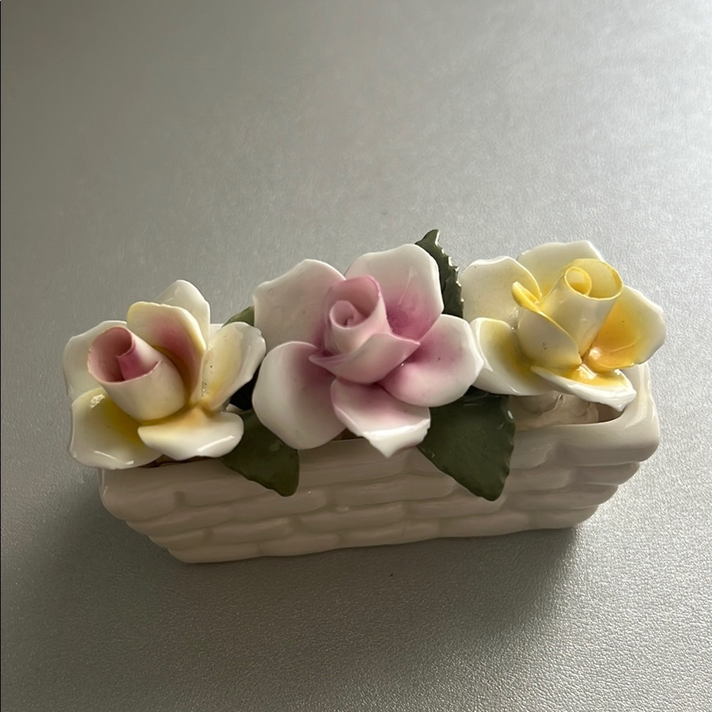 Bone China Floral Ceramic Basket with Pink, Yellow, White Roses